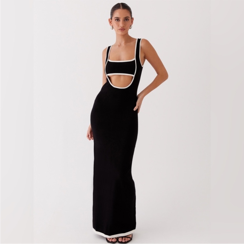Peppermayo Black Maxi Dress with White Trim and Front Cutout